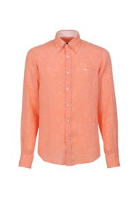 Chemise à manches longues en lin orange clair avec un col boutonné et des boutons blancs. Présente un petit logo blanc sur la poitrine.