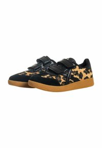 Sneaker leopard print nero e marrone con suola in gomma, dotate di chiusura con strap in velcro e materiale superiore testurizzato.