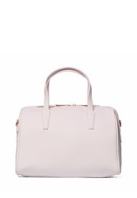 Sac à main rose clair en cuir texturé, avec des poignées supérieures doubles, une fermeture zippée et des accents en métal doré. Forme rectangulaire.