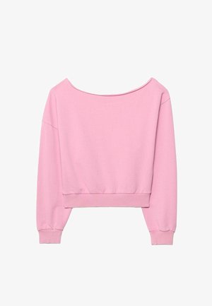 Lyserød, langærmet cropped sweatshirt med bred halsudskæring samt ribstrikkede manchetter og kant, vist på hvid baggrund.