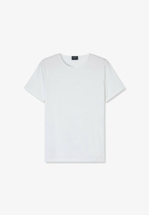 Weißes T-Shirt mit kurzen Ärmeln aus glattem Baumwollstoff, mit Rundhalsausschnitt und schlichtem, geradem Schnitt. Keine Muster oder Akzente.