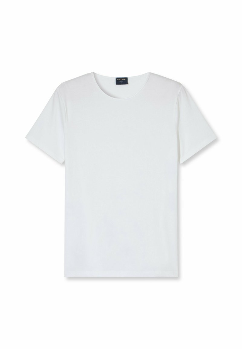 Weißes T-Shirt mit kurzen Ärmeln aus glattem Baumwollstoff, mit Rundhalsausschnitt und schlichtem, geradem Schnitt. Keine Muster oder Akzente.