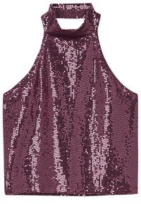 Haut sans manches à col haut recouvert de sequins violets réfléchissants avec un détail découpé sous le col.