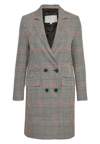 Robe blazer mi-longue croisée à double boutonnage avec un motif pied-de-poule noir et blanc et tartan rouge, col à revers crantés et poches à rabat à l'avant.