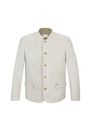 Hellegraue Jacke aus strukturiertem Stoff, mit einem Mandarin-Kragen, fünf Holzknöpfen, zwei Fronttaschen und einer Brusttasche.