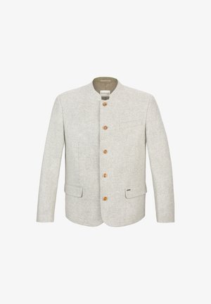 Hellegraue Jacke aus strukturiertem Stoff, mit einem Mandarin-Kragen, fünf Holzknöpfen, zwei Fronttaschen und einer Brusttasche.