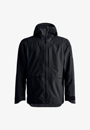 Black hooded jacket featuring a zip closure, two front pockets, and extended cuffs. Made from a lightweight, textured fabric.