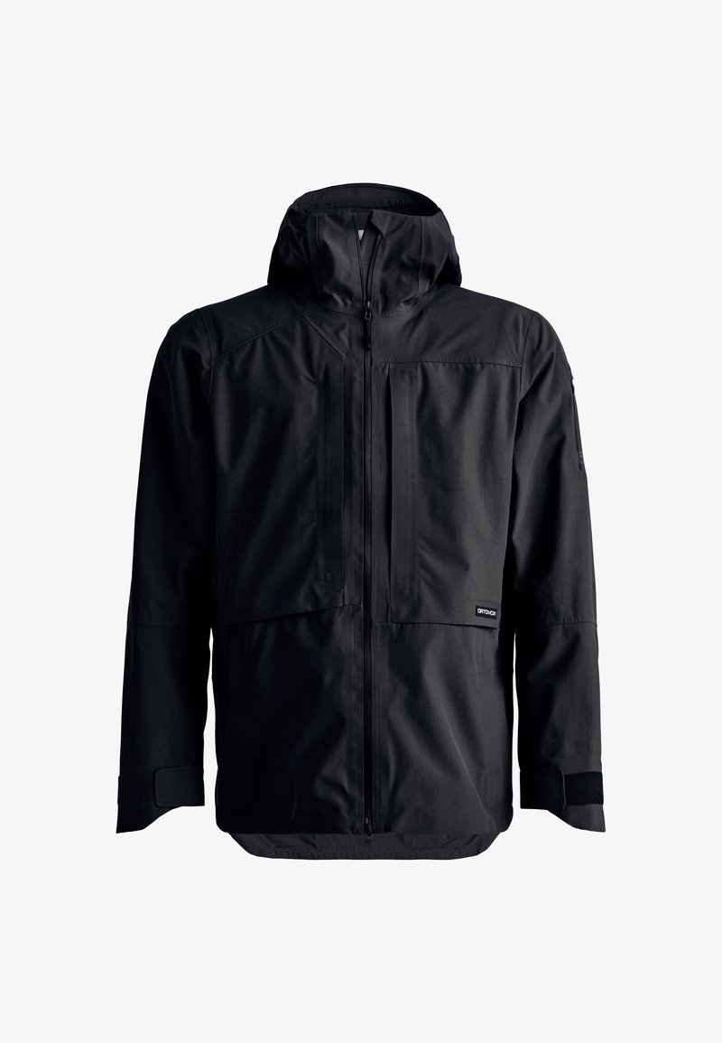 Black hooded jacket featuring a zip closure, two front pockets, and extended cuffs. Made from a lightweight, textured fabric.