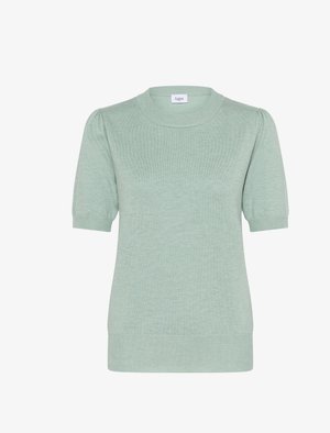Světle zelený pletený svetr s krátkými rukávy a kulatým výstřihem, strukturovaná tkanina a jemné balónové rukávy. Má přiléhavý lem.