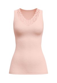 Lichtroze geribde tanktop met een V-hals en kantafwerking rond de halslijn. Beschikt over een getailleerde snit en een soepele textuur.