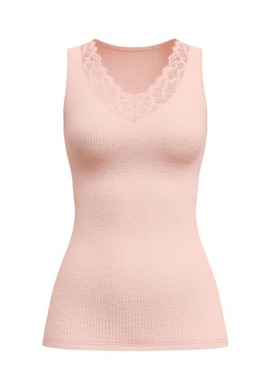 Lichtroze geribde tanktop met een V-hals en kantafwerking rond de halslijn. Beschikt over een getailleerde snit en een soepele textuur.