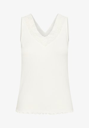 Biała bluzka bez rękawów w serek, uszyta z prążkowanego materiału, z koronkowym wykończeniem przy dekolcie i falbaniastym dołem. Gładka faktura na całej powierzchni.