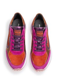 Suede and leather sneakers featuring orange, pink, and brown panels, with a purple tongue and laces. Translucent rubber sole.
