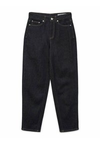 Tmavě modré džíny z denimu s rovně střiženými nohavicemi, viditelným prošíváním, pěti kapsami a knoflíkovým zapínáním. Hladká textura s minimálním zdobením.
