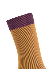 Yellow and brown striped sock with a ribbed purple cuff, featuring a textured fabric and a tapered shape.