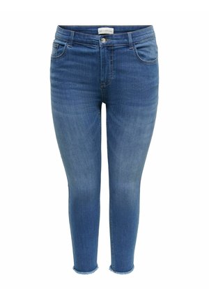 Modré dámske rifle s úzkym strihom, stredným pásom, zapínaním na predné gombíky a zips, dizajnom s piatimi vreckami a ošúchanými lemami.