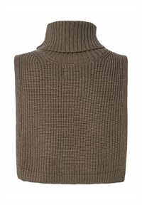 Ruskea, ribbmattu pooloneule, jossa on tekstuuri pinnassa. Varustettu korkealla kauluksella ja rentoa istuvuutta, sopii kerrospukeutumiseen.