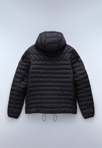 Black puffer jacket with a hood, featuring horizontal quilted patterns, drawstring hem, and a logo patch on the left shoulder.