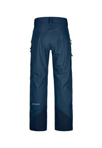 Dunkelblaue, wasserfeste Skihosen mit glatter Textur, verstärkten Unterschenkeln und seitlichen Reißverschlusstaschen zur Aufbewahrung.