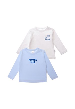 Two long-sleeve toddler shirts, one white with a blue milk carton and "6 AM CLUB," one light blue with dark blue "AMORE MIO" text.