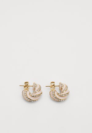 Zlatne naušnice s spiralnim dizajnom, s teksturiranim detaljima i malim prozirnim rhinestones uz rubove. Zatvorenče s post-back zatvaranjem.