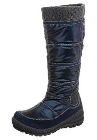 Botte d'hiver bleu marine mi-mollet avec une tige brillante matelassée, un revers en tricot gris et une semelle en caoutchouc noir texturé. Présente des coutures blanches contrastantes.