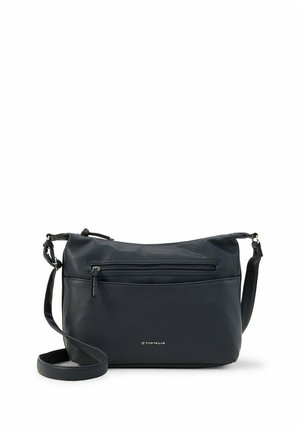 Sac bandoulière en cuir noir avec poche zippée à l'avant, sangle réglable et petit logo Tom Tailor argenté au centre devant.