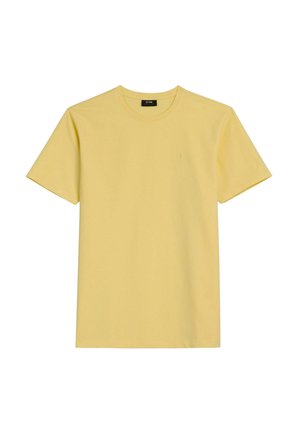 Żółta, bawełniana koszulka z krótkim rękawem i okrągłym dekoltem, o gładkim wzorze, z małym wyszywanym logo na lewej piersi.