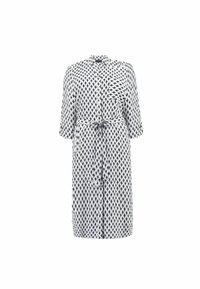 Vestito camicia con bottoni, caratterizzato da un motivo a diamante blu e bianco, maniche corte, vita regolabile con cintura e taschino sul petto. Tessuto leggero.