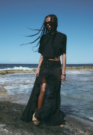 Bershka, LONG RUFFLED SHEER SKIRT - LONG SKIRT - A-line skirt - black