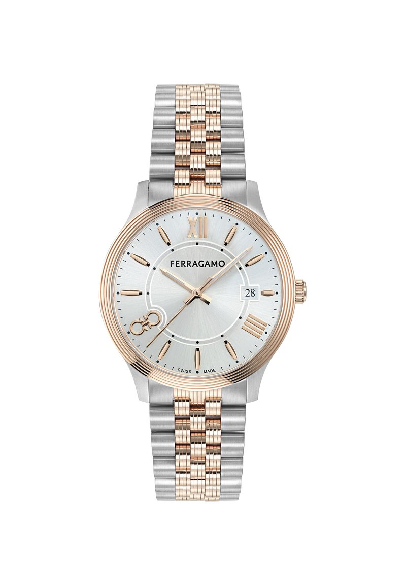 Silver and gold-tone stainless steel watch with a round silver dial, Roman numerals, date window, and a textured bracelet design.