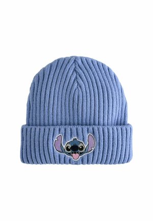 Bonnet tricoté bleu avec une texture côtelée, arborant une broderie du personnage Stitch sur le devant. Rembourrage ajustable.