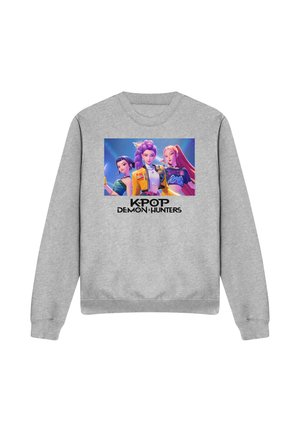 Gray sweatshirt featuring a front graphic of three animated characters and the text "KPOP DEMON HUNTERS" underneath. Casual design, fleece material.