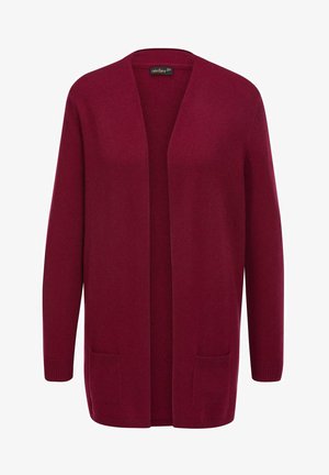 Bordeaux vest gemaakt van zacht breiwerk, met een open voorkant, twee voorzakken en geribbelde manchetten voor een comfortabele pasvorm.