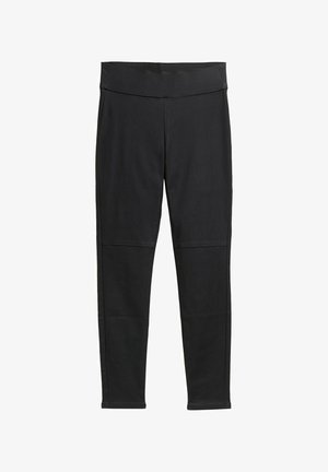 Schwarze Leggings mit breitem Bund, glatter Textur und figurbetontem Design. Verfügt über Panellinien für zusätzlichen Stil und Komfort.