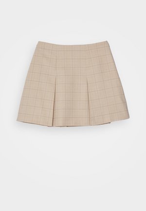 Beige plissert skjørt med rutemønster, som har en strukturert form og glatt tekstur. Designet for en tettsittende silhuett med subtile detaljer.