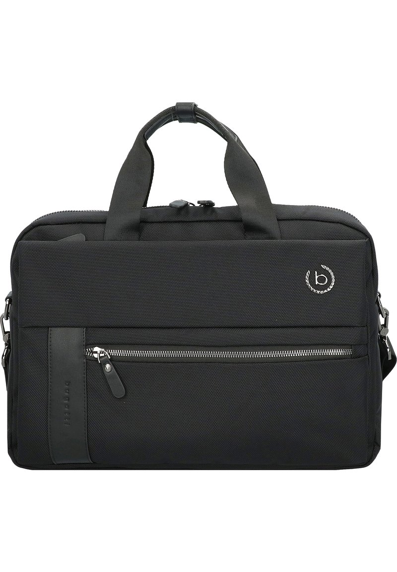 Sacoche noire en textile avec deux poignées, bandoulière ajustable, poche zippée à l'avant et finition texturée. Comprend un détail de logo.