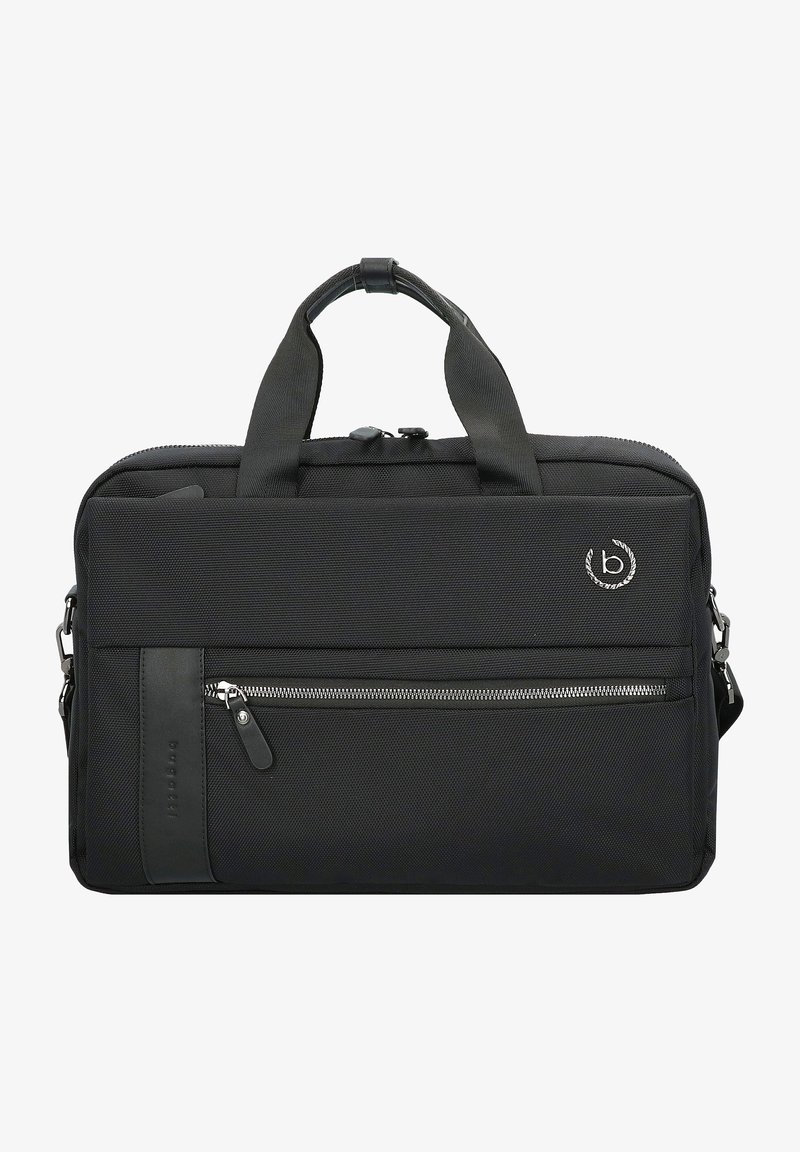 Sacoche noire en textile avec deux poignées, bandoulière ajustable, poche zippée à l'avant et finition texturée. Comprend un détail de logo.