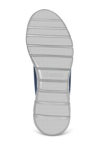 Graue Gummisohle mit horizontalen Rillen, strukturierter Oberfläche und abgerundeten Kanten. Navy-Obermaterial aus Textil ist an den Seiten sichtbar.