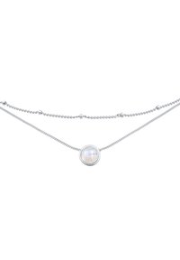 Silver necklace with a double chain, featuring a round, iridescent stone in a metal setting, and small spherical accents along the chain.