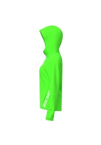 Felpa neon verde con cappuccio aderente, maniche lunghe e cerniera laterale. Presenta un logo stampato sulla manica sinistra. Materiale liscio e leggero.