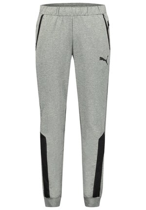 Graue Sporthosen aus strukturiertem Stoff mit schwarzen Seitenpaneelen, einem elastischen Bund und Taschen auf beiden Seiten.