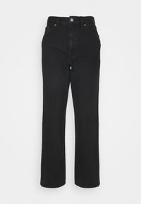 Jeans de mezclilla negra con cintura alta, corte recto, bolsillos frontales y cierre de botón plateado. Sin patrones ni diseños visibles.