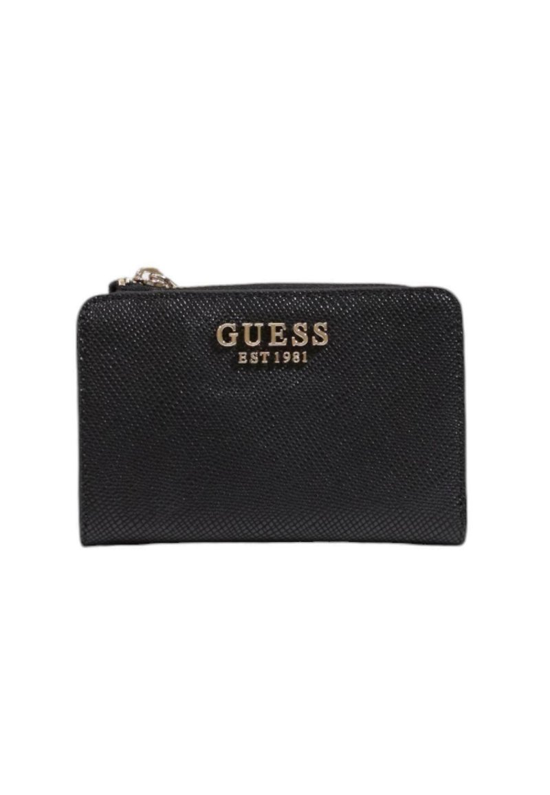 Black textured wallet made of synthetic material. Features gold "GUESS EST 1981" logo. Zip closure and slim rectangular shape.
