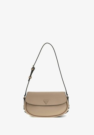 Sac bandoulière en cuir beige avec rabat incurvé et sangle noire réglable, agrémenté d'un petit logo triangulaire sur le rabat avant.