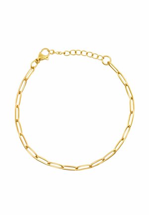 Goldkette Armband mit verlängerten ovalen Gliedern und einem verstellbaren Verschluss auf weißem Hintergrund.
