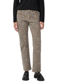Pantaloni in denim con motivo leopardato, in una combinazione di colori beige e marrone, design a gamba dritta, stile a cinque tasche e dettagli in metallo.