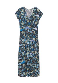 Robe noire florale à manches courtes. Présente des fleurs bleues et vertes, un décolleté en V et une coupe fluide. Fabriquée en tissu léger.