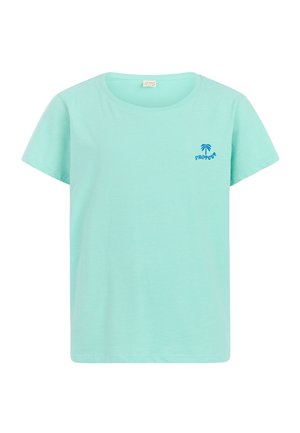 Mintgroen katoenen T-shirt met korte mouwen, ronde halslijn en een blauw palmboomlogo op de linkerborst. Gladde textuur, casual pasvorm.