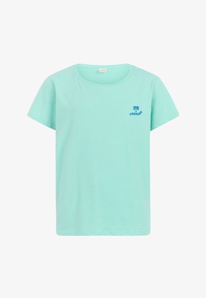 Mintgrøn bomuld T-shirt med korte ærmer, rund halsudskæring og en blå palmeblad-logo på venstre bryst. Glat tekstur, afslappet pasform.